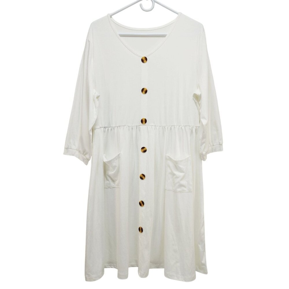 White Button-Down Midi Dress V-Neckline Three-Quarter Sleeves 2XL Womens